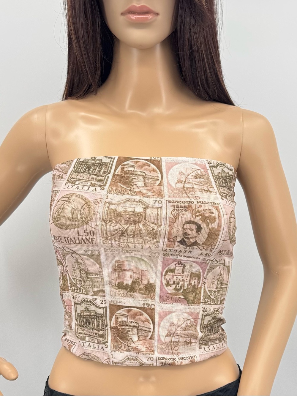 I. AM. GIA Tiger Mist Mesh Italian Postcards Stamps Novelty Print Crop Tube Top